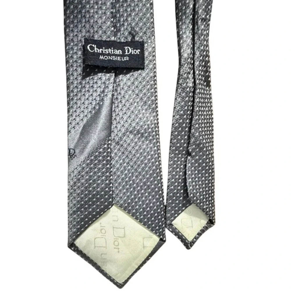 Christian Dior Monsieur Silver Grey Geometric Logo Necktie Silk Look Polyester